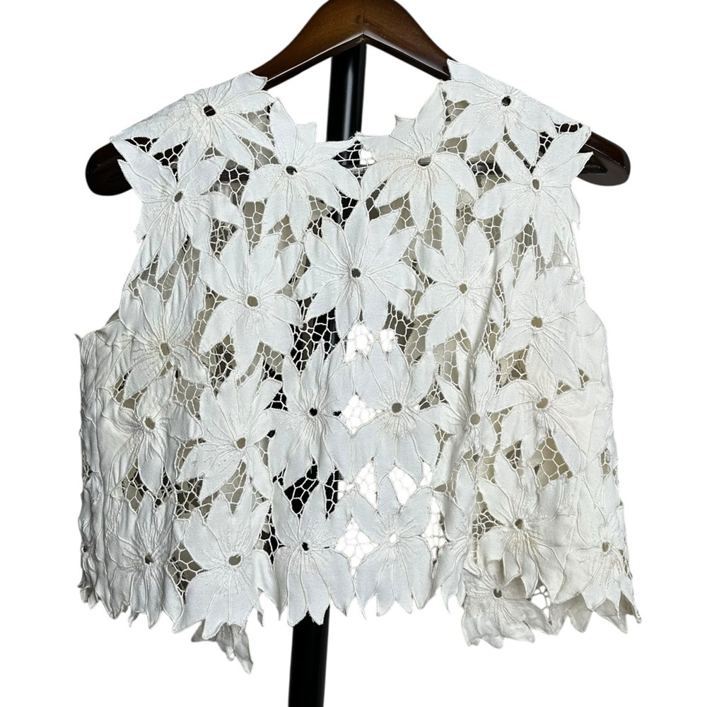 Vintage 70s Lace Floral Cropped Vest Women's Medium Boho Kitschy Flower Child - Picture 8 of 10